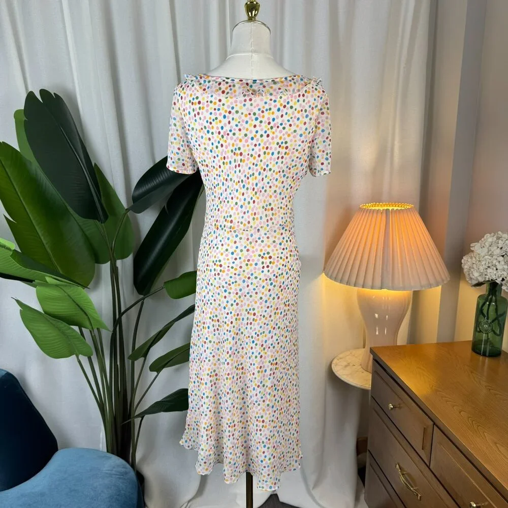 Vintage Y2K 100% Silk Polka Dot Midi Bias-Cut Princess Seam Dress size 10 - Picture 3 of 10